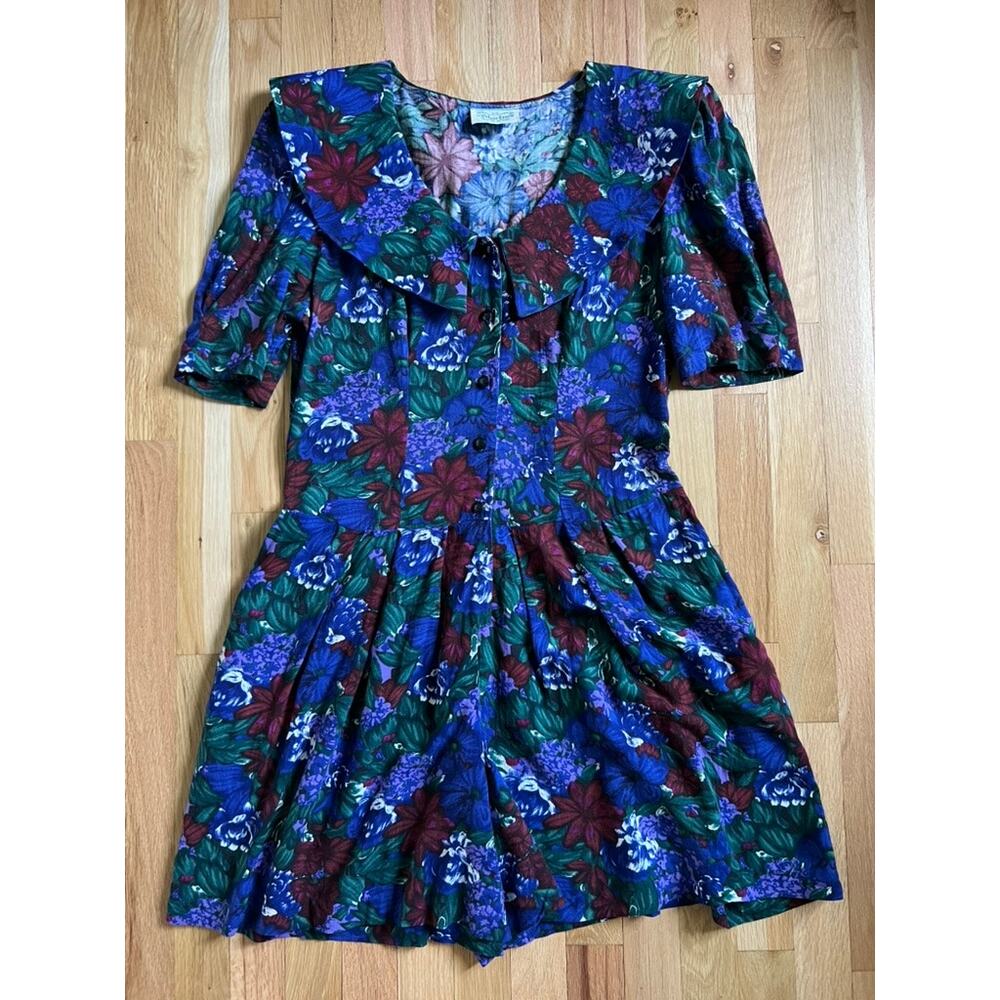 Algo-Ettes 80s Vintage Blue Floral Wide Collar Romper Jumpsuit Boho (size M/L)